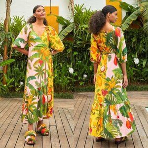 FARM Rio Anthropologie Mixed Fruits Wrap Linen Blend Midi Dress Size Large
